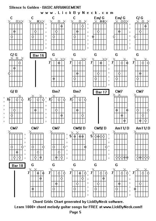 Chord Grids Chart of chord melody fingerstyle guitar song-Silence Is Golden - BASIC ARRANGEMENT,generated by LickByNeck software.